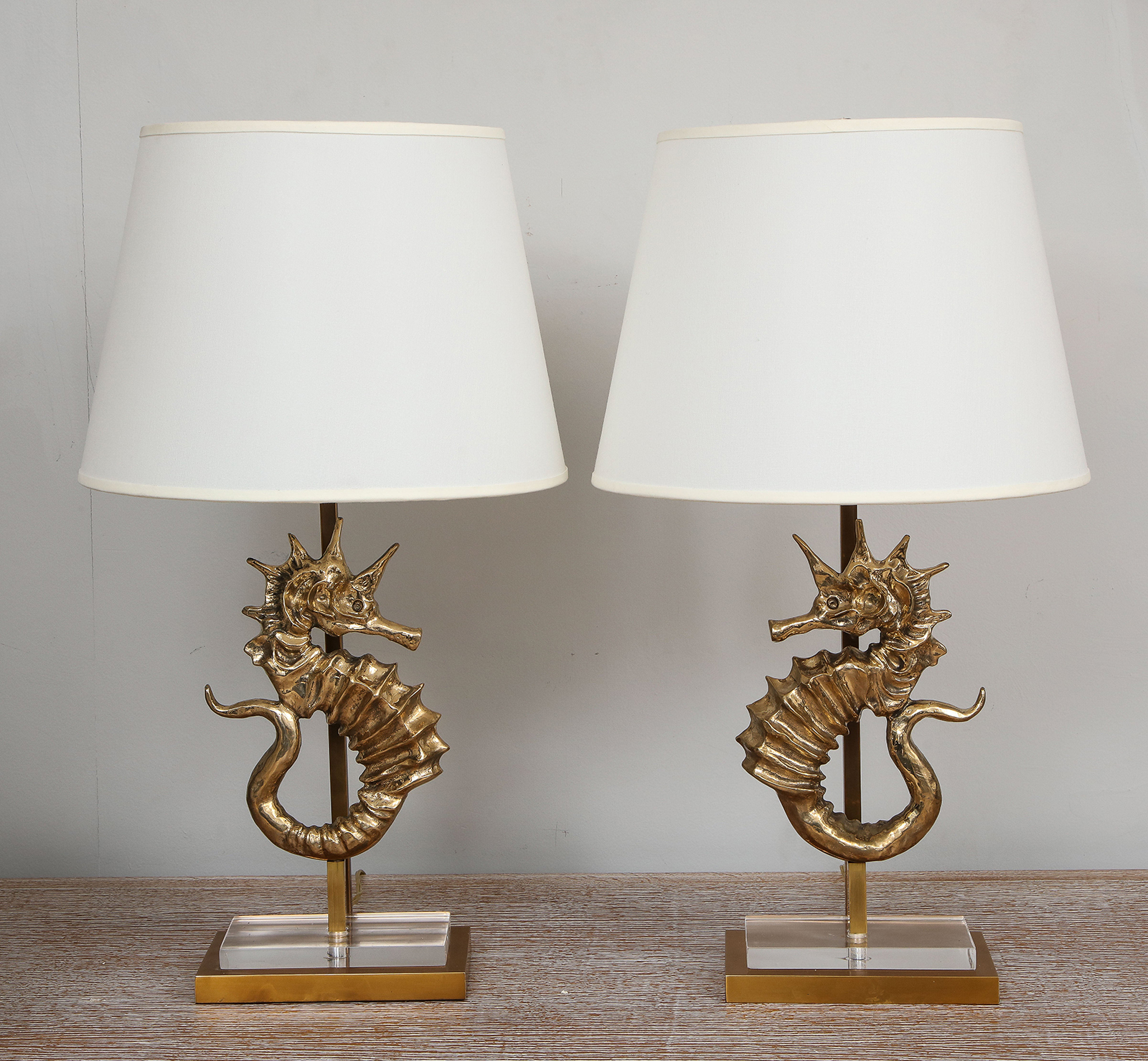 Pair Of Bespoke Seahorse Bronze Table, Silver Seahorse Table Lamp